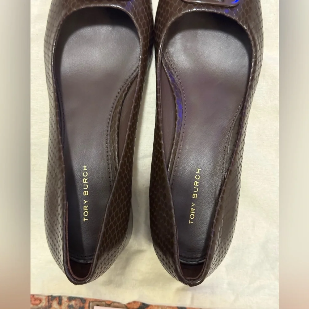 Tory Burch Brown Snake-Embossed Logo Ballet Flat
